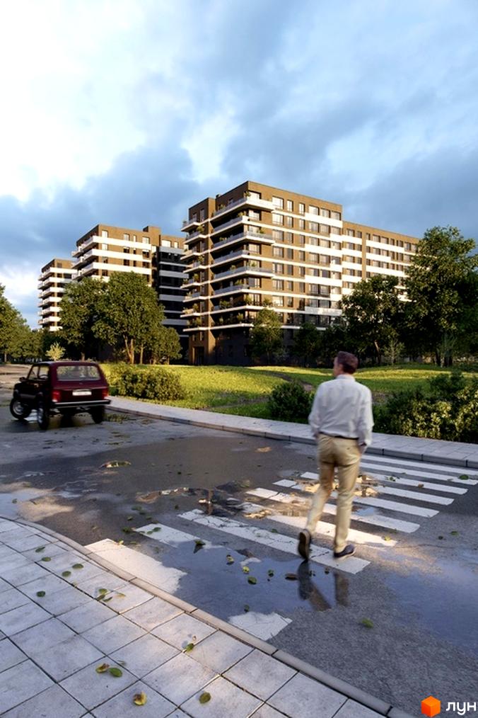 Зображення Житлового комплексу Avalon Flex з фасадом та пішохідним переходом. Навколо будинку зелені насадження.