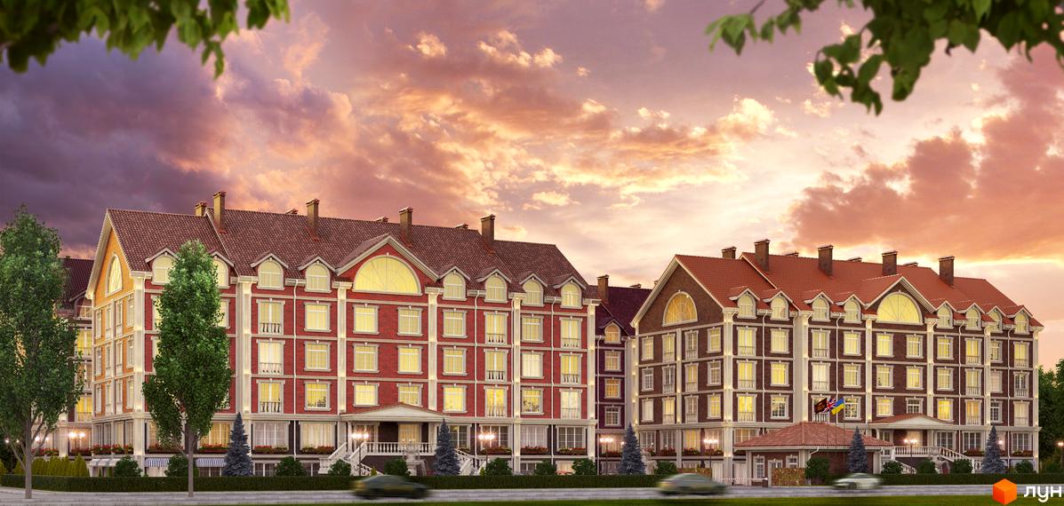 Зображення фасаду будинків Житлового комплексу Британський квартал. На передньому плані зелені насадження та проїжджа частина.