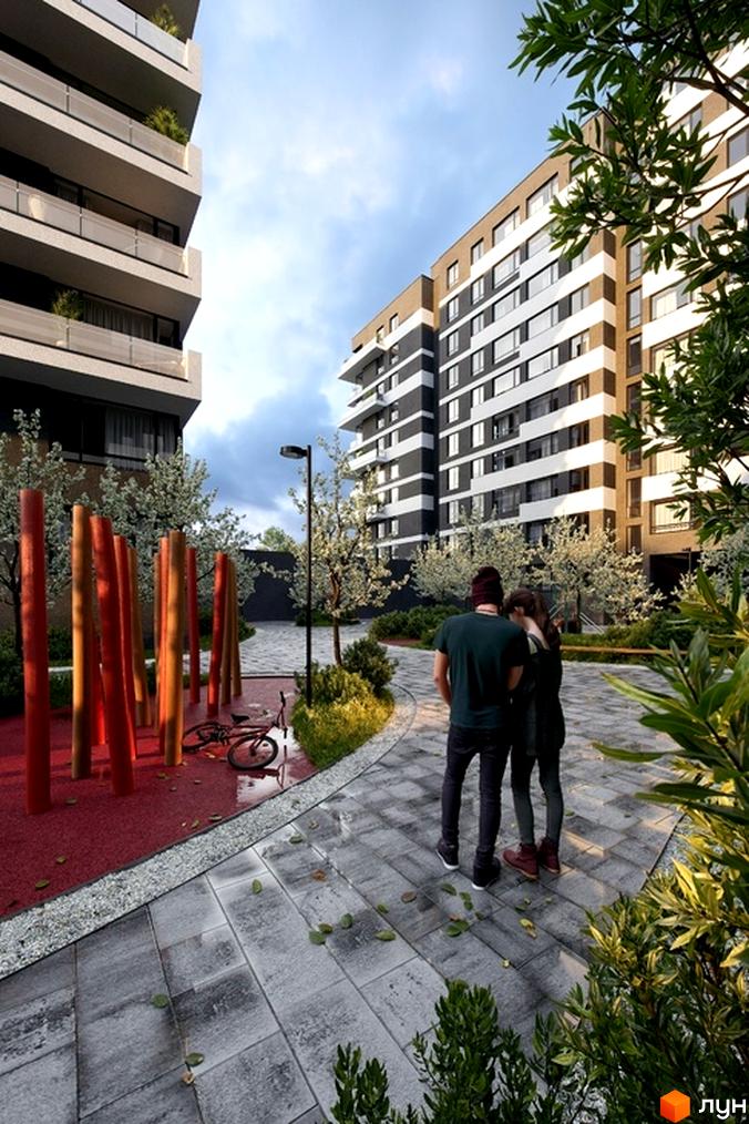 Зображення фасаду та подвір'я Новобудови Avalon Flex. На території є дитячий майданчик, пішохідні доріжки та зелені насадження.