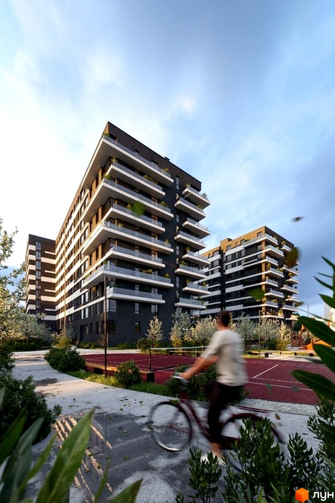 Зображення фасаду багатоповерхового будинку Житлового комплексу Avalon Flex з великими балконами та прибудинковою територією.