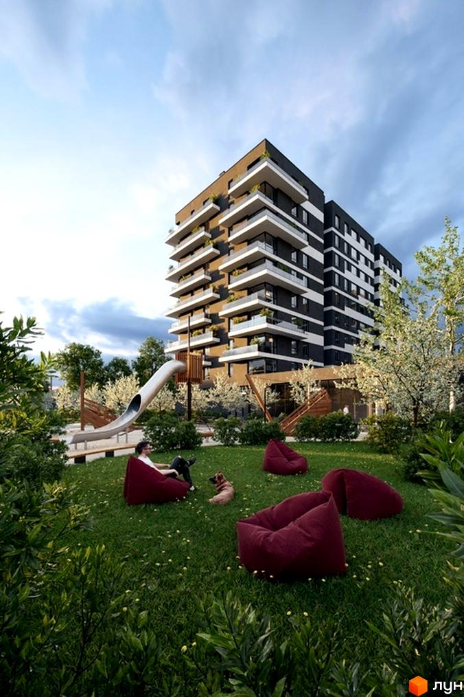 Зображення Житлового комплексу Avalon Flex з прибудинковою територією. На передньому плані газон з місцем для відпочинку.