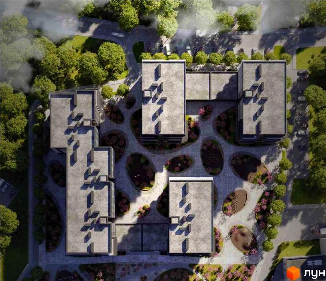 Вид зверху на житловий комплекс Avalon Flex з сірими будівлями та зеленими зонами з деревами та квітами. Територія комплексу має доріжки та місця для відпочинку.