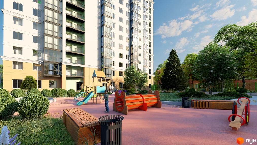 Зовнішній вигляд багатоповерхового будинку ЖК Янтарний з дитячим майданчиком та зонами відпочинку на прибудинковій території.
