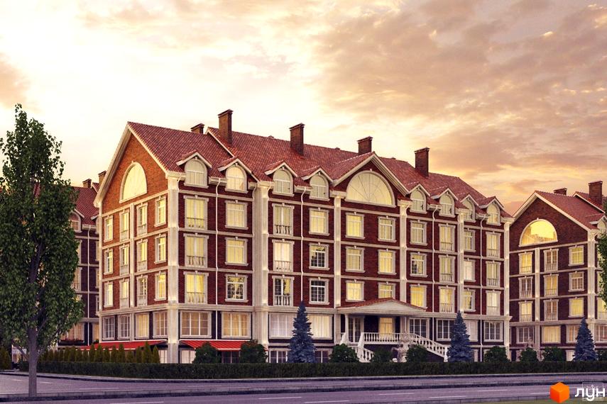 Зображення фасаду та прибудинкової території Житлового комплексу Британський квартал. Багатоповерховий будинок з червоної цегли та дерева.