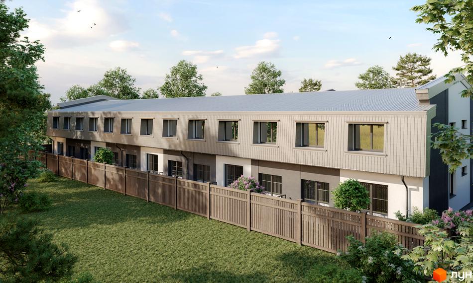 Житловий комплекс Home Smart House з дерев'яними фасадами та вікнами. Огороджена територія з газоном та деревами.
