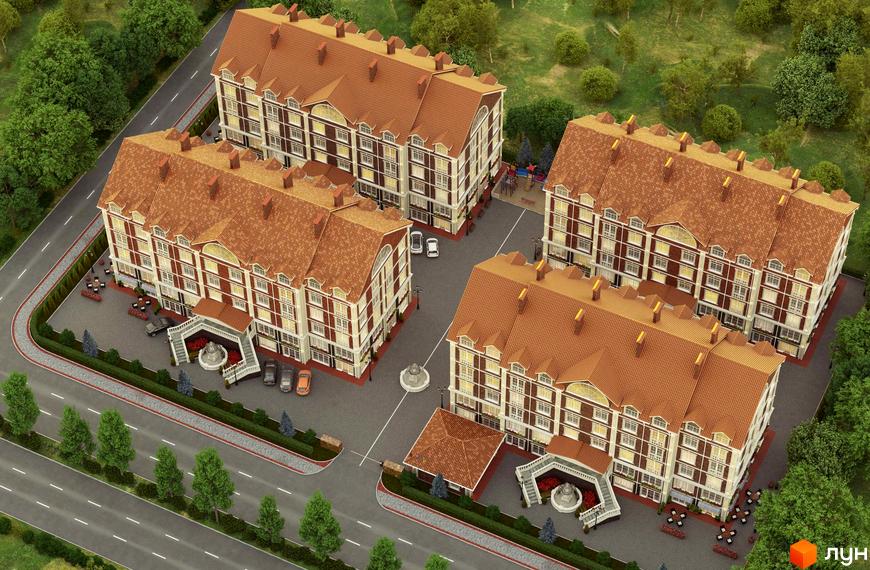 Зображення Житлового комплексу Британський квартал з виглядом на фасади будинків та прибудинкову територію з ландшафтним дизайном.