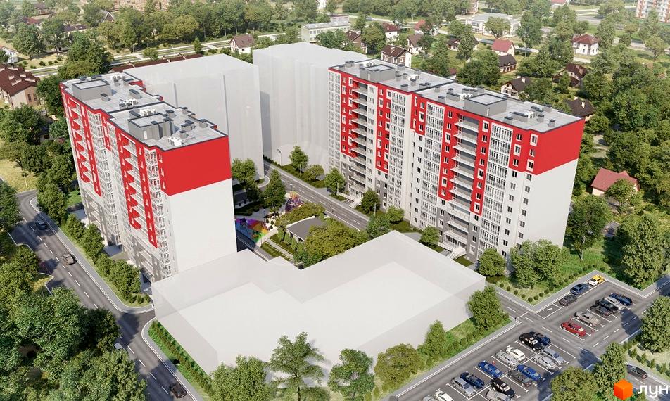Зовнішній вигляд ЖК Гармонія з червоно-білими фасадами та балконами. На прибудинковій території розташовані дитячий майданчик та парковка з автомобілями.