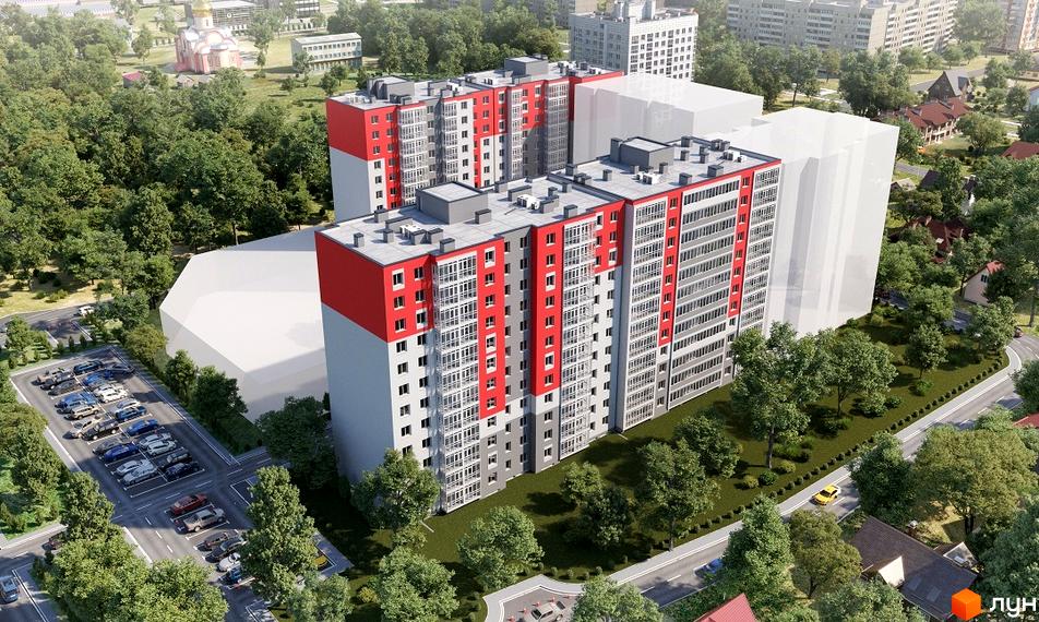 Житловий комплекс Гармонія - сучасна новобудова з червоно-сірим фасадом та панорамними вікнами. На прибудинковій території розташований паркінг та зелені насадження.