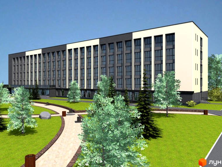 Житловий комплекс Комфорт Парк: багатоповерховий будинок з фасадом у світлих та темних тонах. Прибудинкова територія має зелений газон, дерева та вимощені доріжки.