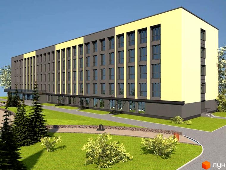 Зовнішній вигляд новобудови Комфорт Парк: багатоповерховий будинок з сірими та жовтими фасадами, великою кількістю вікон, на тлі блакитного неба. Прибудинкова територія з зеленим газоном, деревами та доріжками.