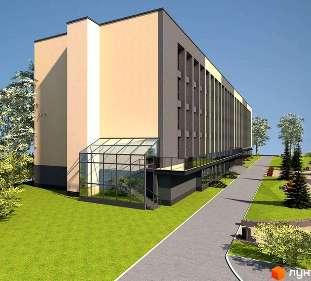 Зовнішній вигляд новобудови ЖК Комфорт Парк з скляним входом та прибудинковою територією з зеленими насадженнями. Будівельний проєкт з сірими та бежевими фасадами.