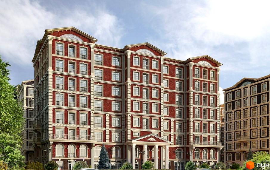 Зображення фасаду Житлового комплексу British Quarter з червоної цегли. Навколо будинку зелені насадження та доглянута територія.