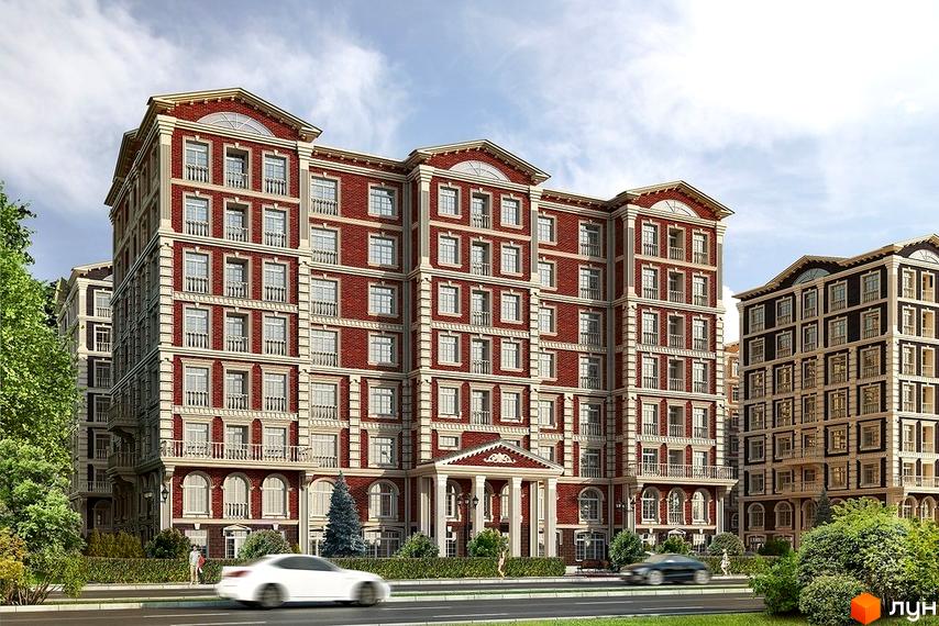 Зображення фасаду та прибудинкової території Житлового комплексу British Quarter. Цегляна будівля з великою кількістю вікон та зеленими насадженнями.