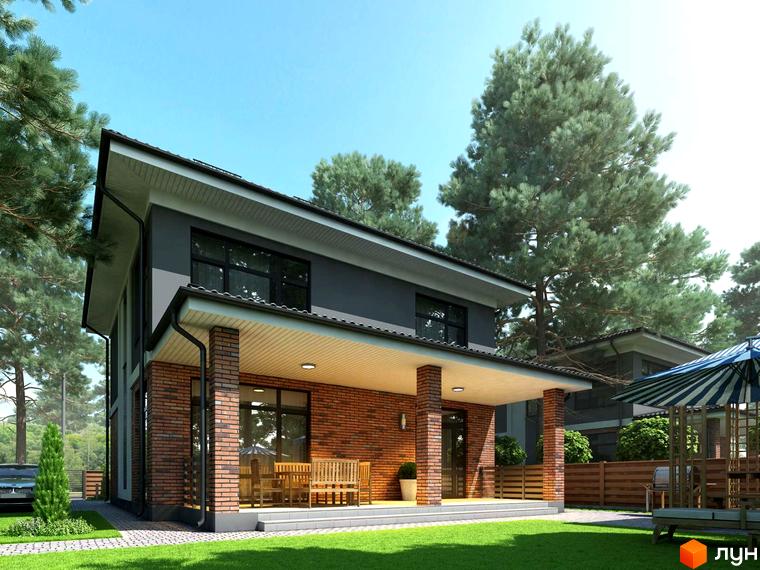 Зовнішній вигляд двоповерхового будинку з цегляним цоколем та сірою обшивкою фасаду, з ганком та зеленим газоном перед ним. На території видно дерева та паркан.