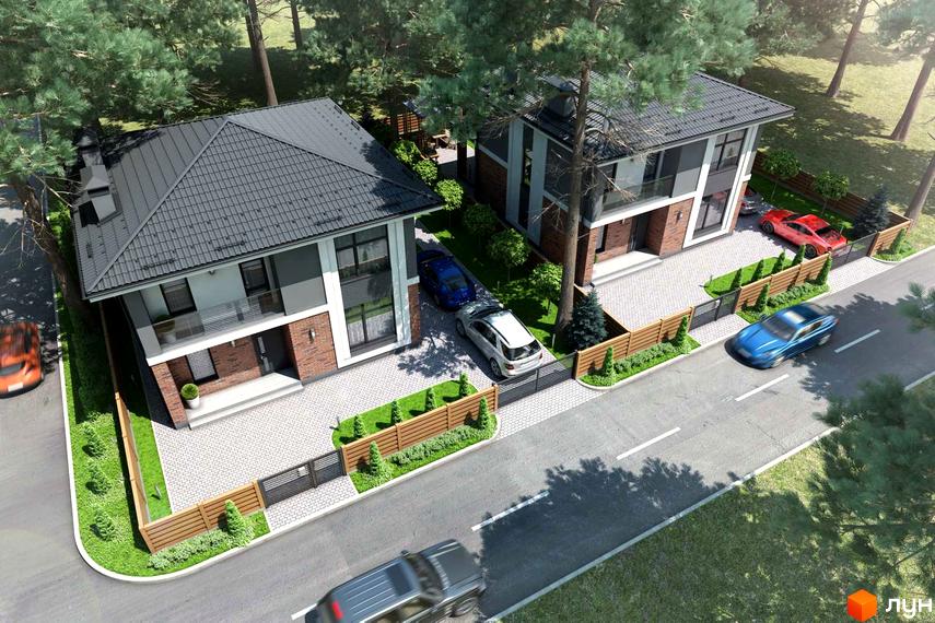 Два двоповерхові будинки з темними дахами та світлими фасадами на вул. Василя Липківського 9, 9А. Територія має бруківку та зелені газони.