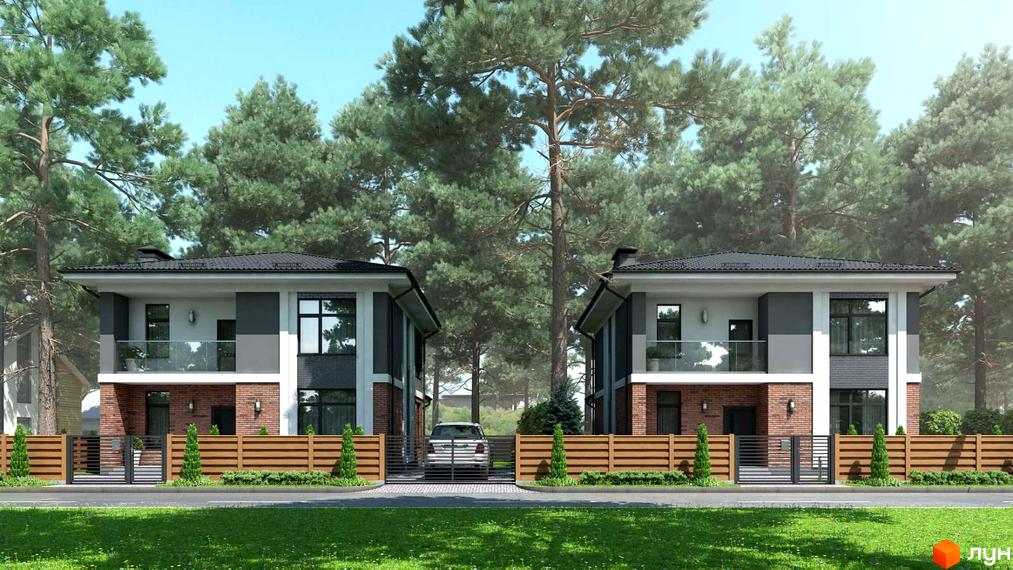 Два двоповерхові будинки з цегляним першим поверхом та балконами, огороджені дерев'яним парканом. Навколо зелена трава та високі сосни.