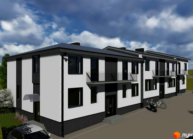 Зовнішній вигляд новобудови ЖК Срібна Підкова з балконами та вікнами, прибудинкова територія з автомобілем та велосипедом.