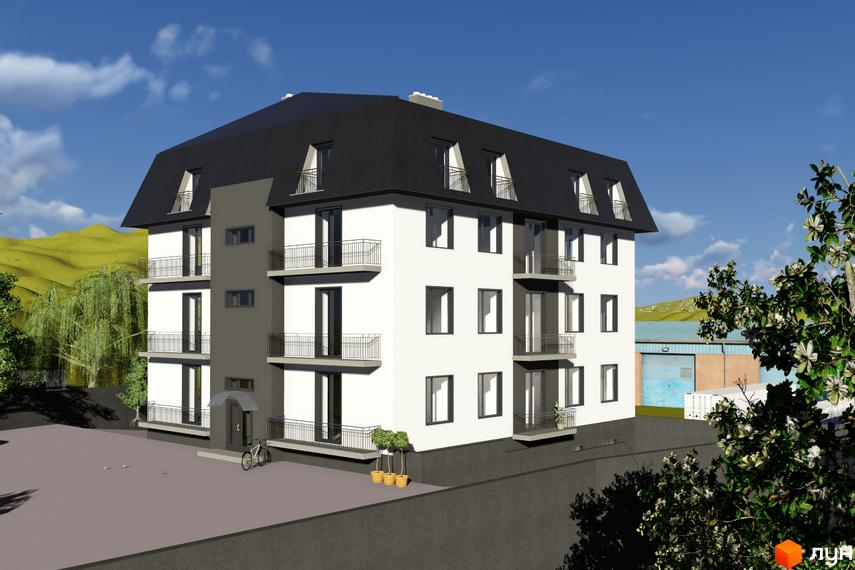 Новобудова Срібна Підкова: багатоповерховий будинок з білим фасадом, темним дахом та балконами. Прибудинкова територія з асфальтованим покриттям та зеленню.