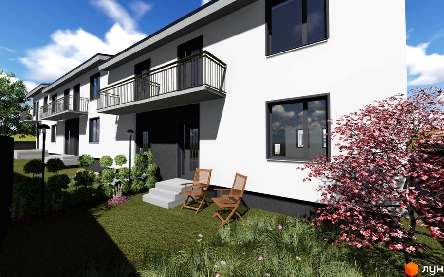 Житловий комплекс Срібна Підкова: фасади будинків з балконами та великими вікнами, зелена прибудинкова територія з деревами та кріслами.