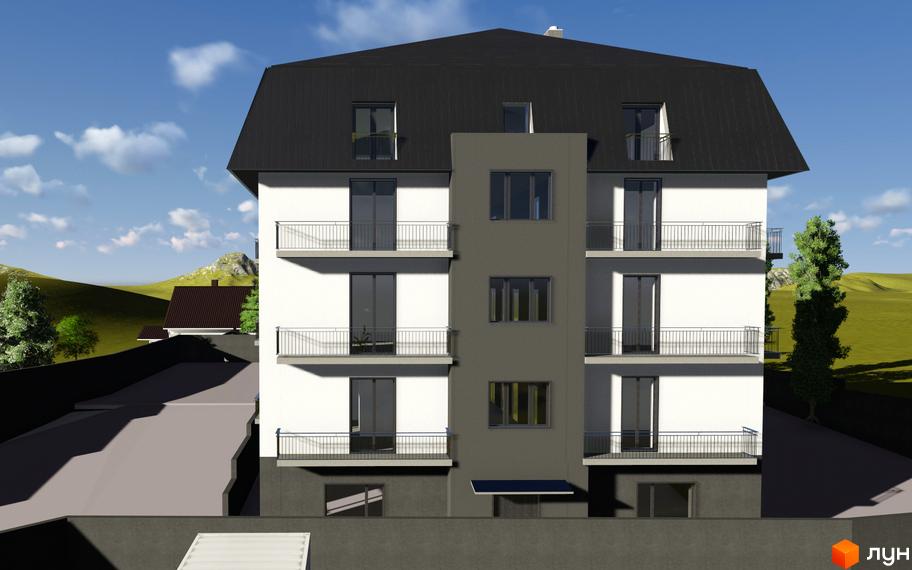 Житловий комплекс Срібна Підкова. Зовнішній вигляд будинку з балконами та вікнами на тлі гір та неба. Прибудинкова територія з деревами.