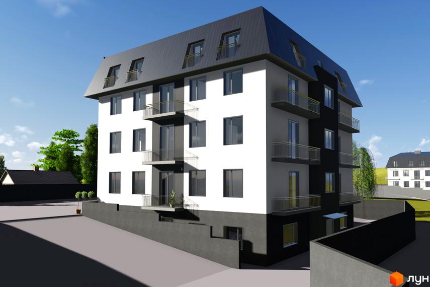 Житловий комплекс Срібна Підкова - це сучасна новобудова з біло-сірим фасадом, балконами та темним дахом. Навколо будинку розташована прибудинкова територія з деревами та доріжками.