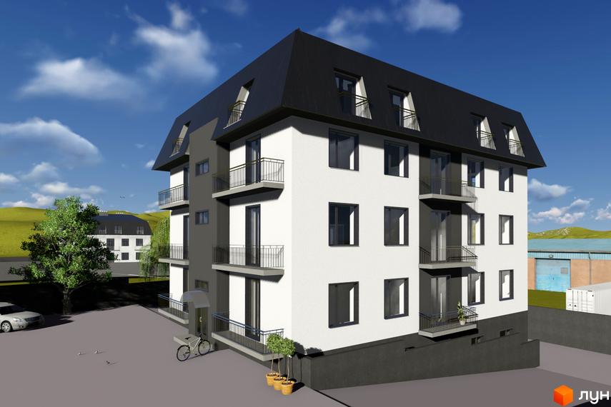 Житловий комплекс Срібна Підкова: багатоповерховий будинок з чорним дахом та біло-сірим фасадом, балконами. Прибудинкова територія з деревом та парковкою.