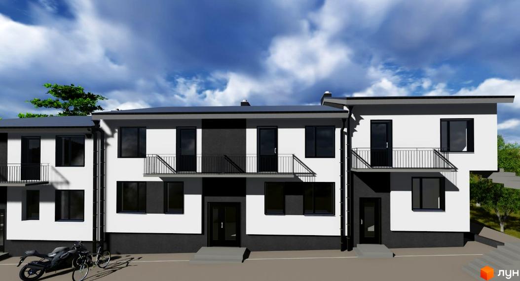 Житловий комплекс Срібна Підкова: триповерхові будинки з білими фасадами, чорними вікнами та балконами. Перед будинками припарковані мотоцикл та велосипеди.