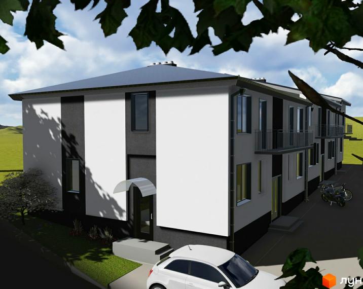 Будинки Житлового комплексу Срібна Підкова мають біло-сірий фасад та темний дах. Перед будинком розташовані паркувальні місця та зелені насадження.