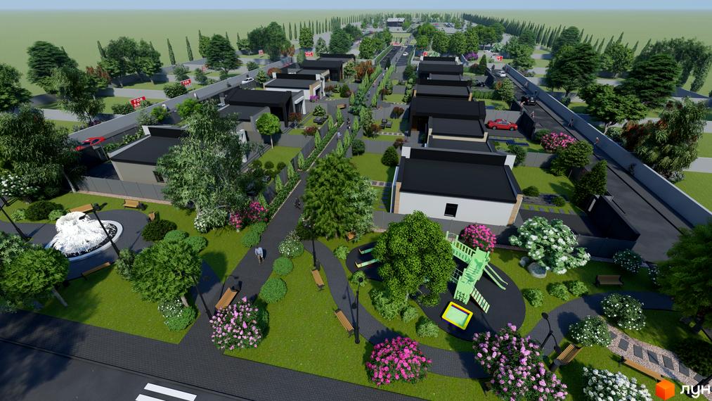 Котеджне містечко КМ Затишний: візуалізація будинків з чорними дахами та білими фасадами, зелена прибудинкова територія з дитячим майданчиком та фонтаном.