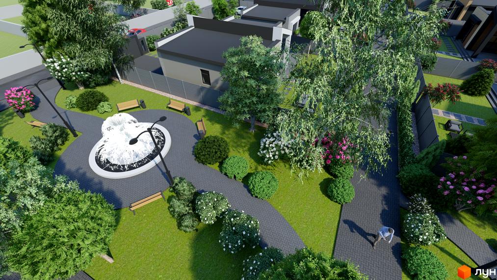 Котеджне містечко КМ Затишний. Зовнішній вигляд будинків та облаштована прибудинкова територія з фонтаном, лавками та зеленими насадженнями.