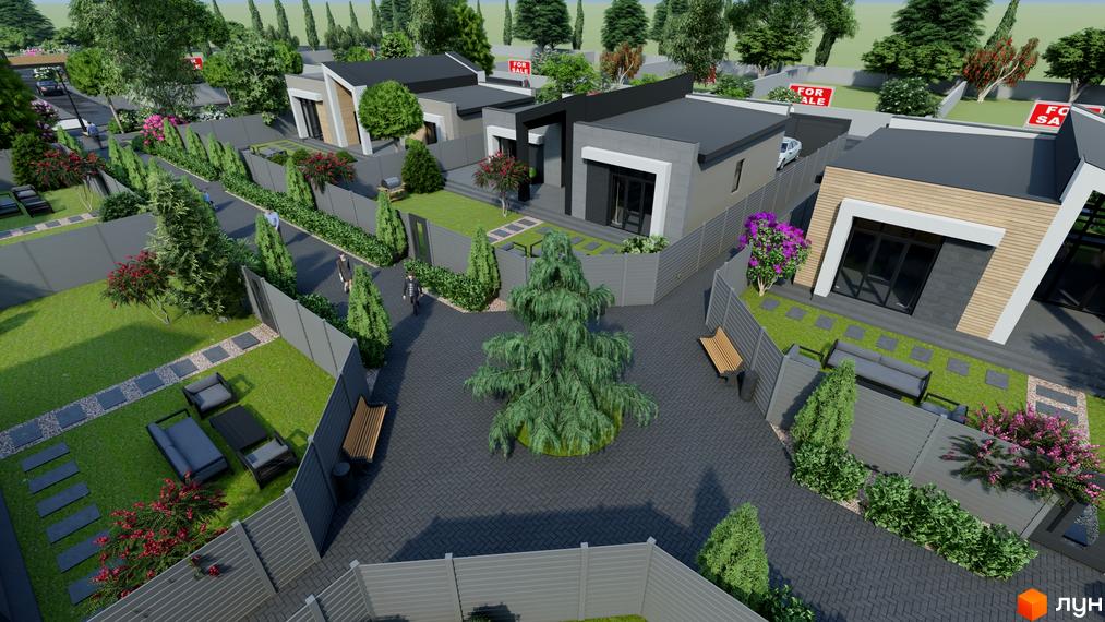 Котеджне містечко Затишний: сучасні будинки з сірими та дерев'яними фасадами, огороджена територія з зеленими насадженнями та зонами відпочинку.