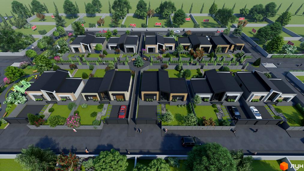 Котеджне містечко Затишний: візуалізація сучасних будинків з чорними дахами та світлими фасадами, упорядкована прибудинкова територія з газонами та деревами.