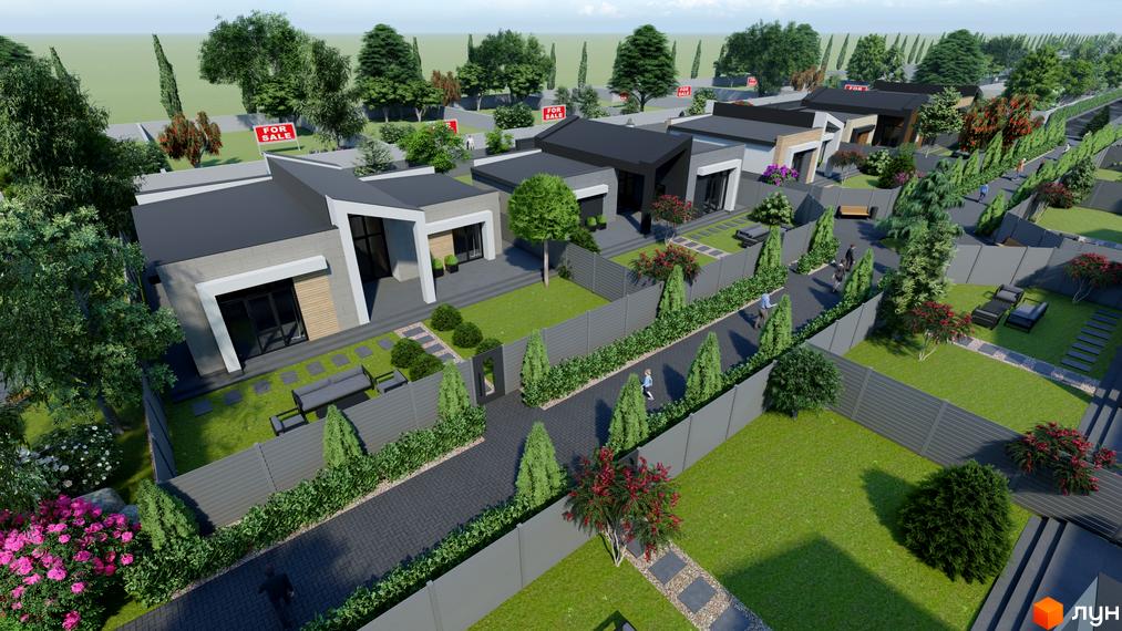 Котеджне містечко КМ Затишний: сучасні будинки з пласкими дахами та великими вікнами, доглянута прибудинкова територія з газонами та деревами.