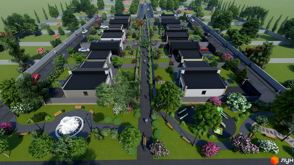 Котеджне містечко КМ Затишний: сучасні будинки з чорними дахами та прибудинковою територією з фонтаном та дитячим майданчиком.