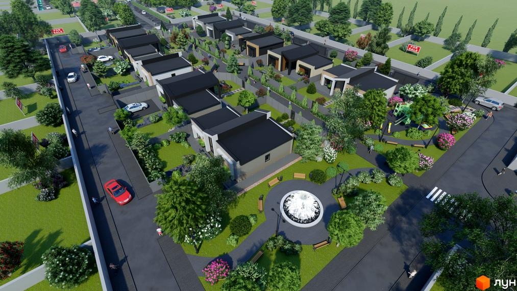 Котеджне містечко КМ Затишний з сучасними будинками та доглянутою прибудинковою територією з фонтаном та дитячим майданчиком.