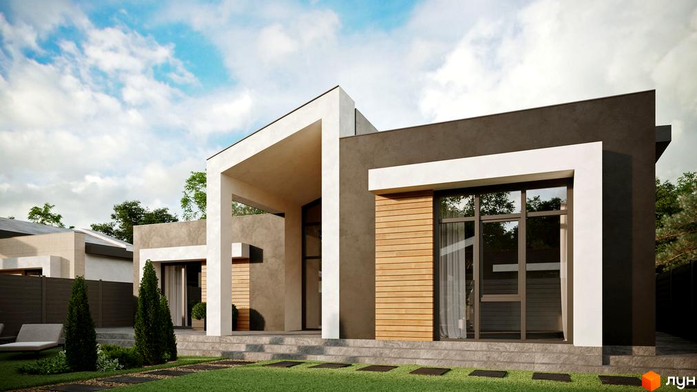 Котеджне містечко КМ Затишний: сучасний одноповерховий будинок з великими вікнами та дерев'яними елементами фасаду, доглянутий зелений двір з доріжками та лежаками.