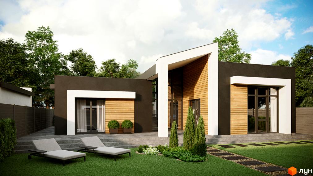 Котеджне містечко Затишний: одноповерховий будинок з дерев'яними вставками та великими вікнами, облаштована прибудинкова територія з газоном та лежаками.