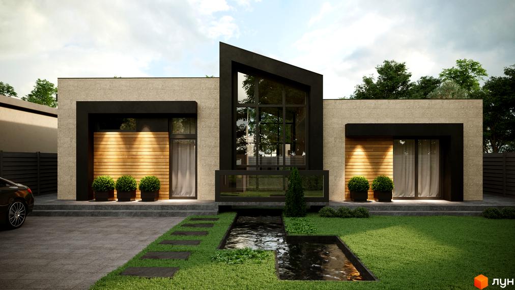 Фасад будинку Котеджного містечка Затишний з бежевими стінами, чорними акцентами та великими вікнами. На прибудинковій території зелений газон, доріжка та водна ділянка.