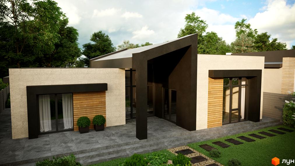 Котеджне містечко Затишний: одноповерховий будинок з великими вікнами, оздобленням з каменю та дерева, та доглянутою прибудинковою територією з газоном та доріжками.