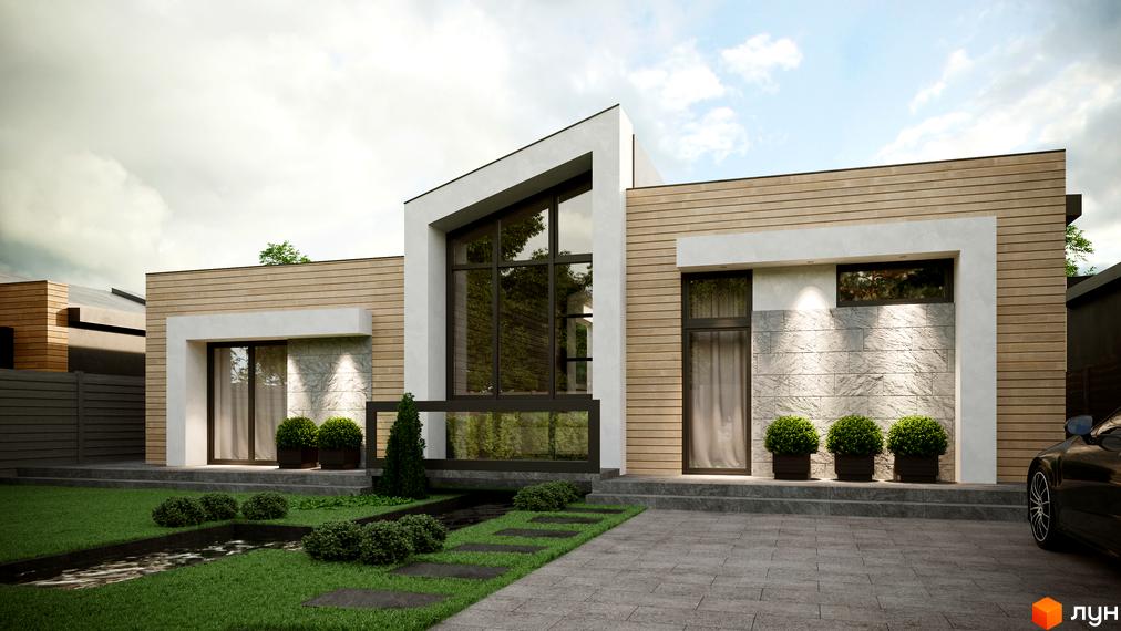 Котеджне містечко Затишний: одноповерховий будинок з дерев'яним фасадом, великими вікнами та кам'яною стіною. На прибудинковій території доглянутий газон, водойма та зелені кущі.