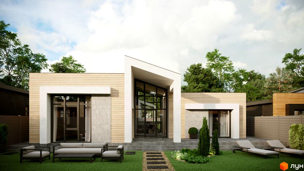 Одноповерховий будинок Котеджного містечка Затишний з бежевим фасадом та великими вікнами. Перед будинком зелений газон, кам'яна доріжка та вуличні меблі.