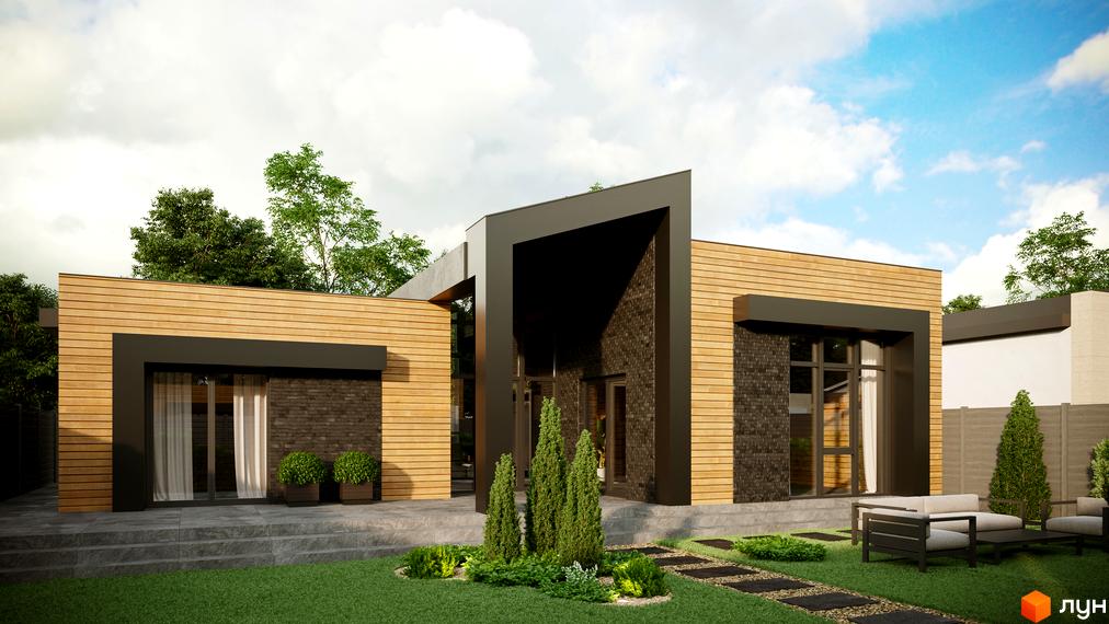 Котеджне містечко Затишний: одноповерховий будинок з дерев'яним оздобленням, цегляними вставками та великими вікнами. Перед будинком газон, доріжки та зона відпочинку.