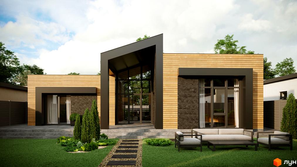 Котеджне містечко Затишний: сучасний будинок з дерев'яним фасадом, цегляними вставками та великими вікнами, з доглянутим газоном та зоною відпочинку.