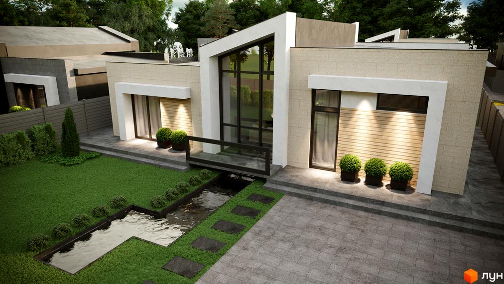 Котеджне містечко КМ Затишний. Зовнішній вигляд будинку з великими вікнами та дерев'яними елементами, доглянута прибудинкова територія з водоймою та газоном.