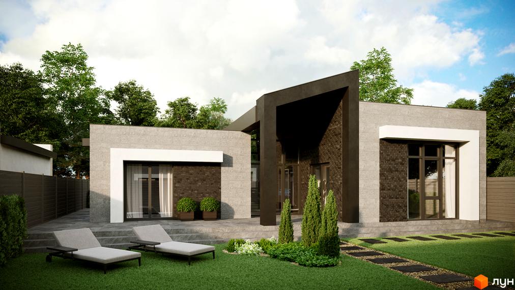 Котеджне містечко Затишний: одноповерховий будинок з фасадом з сірої плитки та темної цегли. Прибудинкова територія з газоном, доріжкою та шезлонгами.