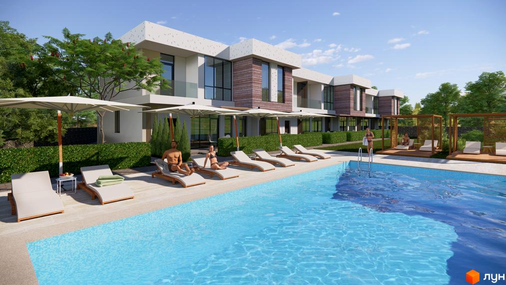КМ River Garden: сучасні будинки з панорамними вікнами та басейном з шезлонгами. Територія комплексу з доглянутим ландшафтом.
