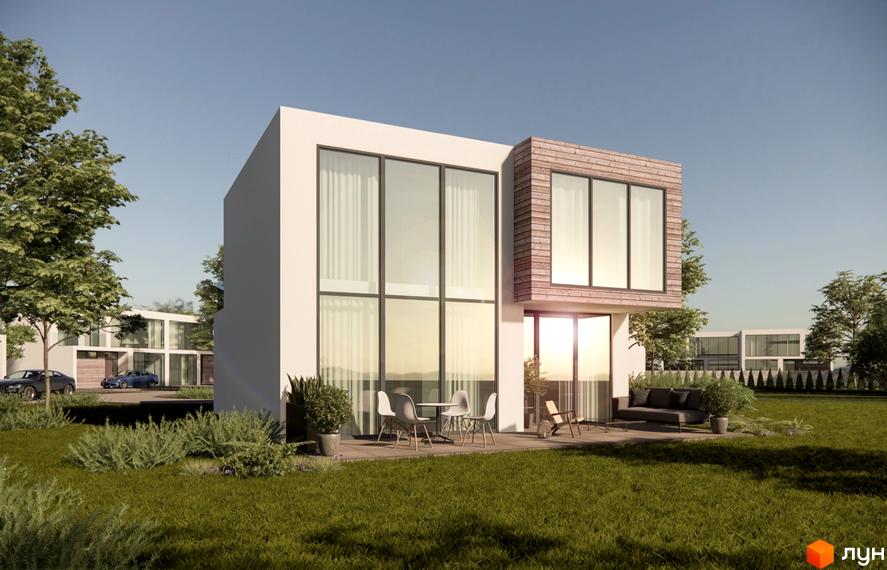 Котеджне містечко River Garden: двоповерховий будинок з великими вікнами та цегляним оздобленням фасаду, поруч зелена галявина та доглянуті кущі.