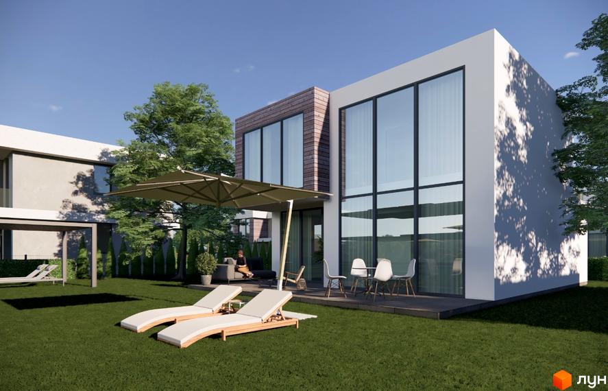 Котеджне містечко КМ River Garden: двоповерховий будинок з великими вікнами та терасою, зелена галявина з шезлонгами та парасолькою.