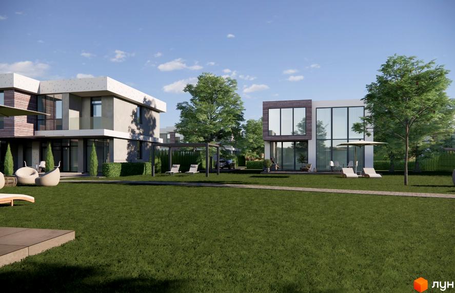 Котеджне містечко River Garden: двоповерхові будинки з великими вікнами та дерев'яними елементами фасаду, на доглянутій зеленій території розташовані зони відпочинку з шезлонгами та парасолями.