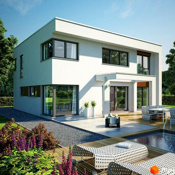 Двоповерховий будинок Котеджного містечка Бугове з білим фасадом, пласким дахом та великими вікнами. Навколо тераса з басейном та зелений двір.